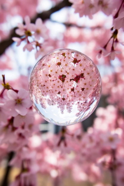 Une photo créative de fleurs de cerisier à travers l'objectif d'une boule de cristal