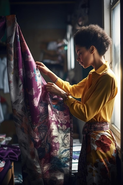 Photo d'une créatrice de mode examinant le tissu dans son atelier créé avec une IA générative