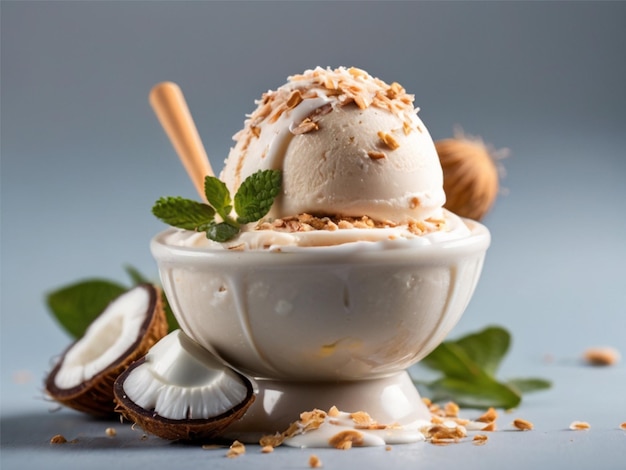 photo de crème glacée de dessert d'été avec de la noix de coco isolée sur fond blanc