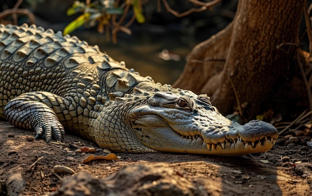 Une photo d'un crocodile au repos incarnant le comportement patient d'un prédateur d'embuscade habile