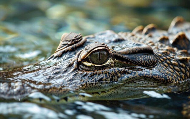 Une photo d'un crocodile sur fond d'eau ondulée.