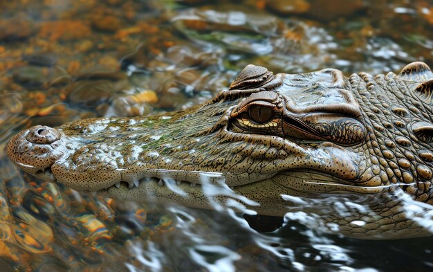 Une photo d'un crocodile sur fond d'eau ondulée.