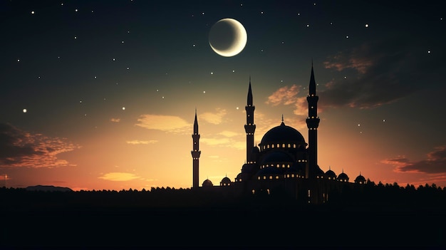 Une photo d'un croissant de lune islamique et d'une mosquée