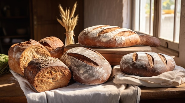 une photo d'une cuisine de ferme de sélection de pain artisanal lumière douce de l'après-midi