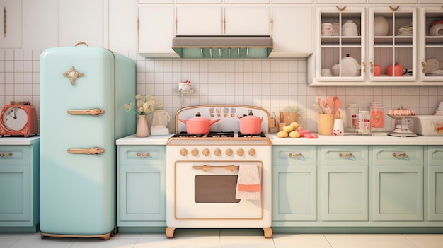 Une photo d'une cuisine d'inspiration rétro avec des appareils vintage et des couleurs pastel