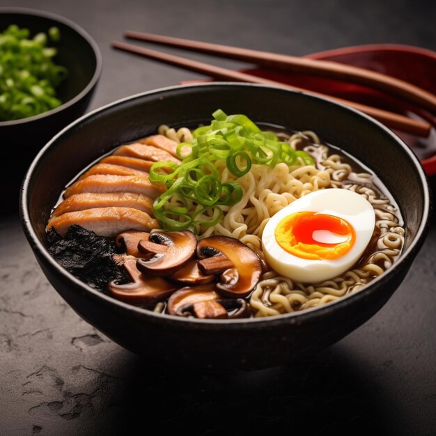 Photo photo de la cuisine japonaise, des nouilles ramen avec des œufs, du porc de poulet avec des garnitures variées.