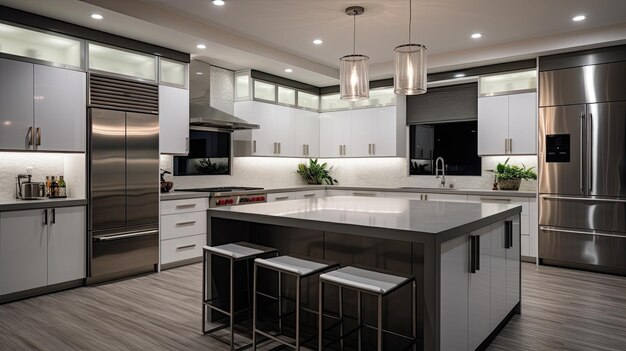 Photo une photo d'une cuisine moderne avec des armoires minimalistes en acier inoxydable