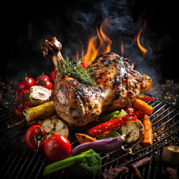 photo cuisses de poulet grillées sur le gril flamboyant avec légumes grillés aux tomates, pommes de terre, peps