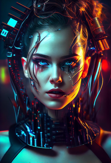 Photo cyberpunk femme portrait futuriste style néon Générer Ai