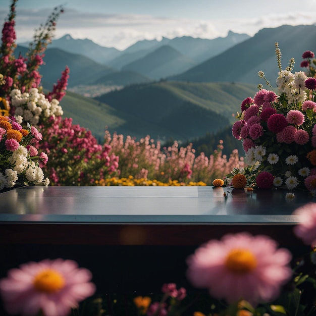 Photo photo une dalle avec des fleurs est un podium avec une vue sur les montagnes la vitrine avant avec une scène
