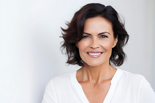 Photo d'une dame souriante sur un fond de studio blanc