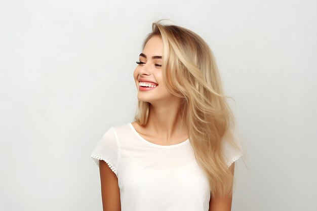 Photo d'une dame souriante sur un fond de studio blanc