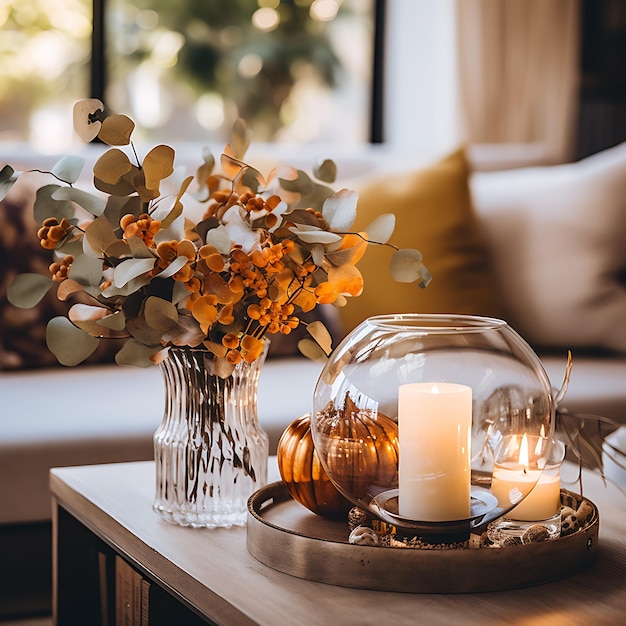 photo de décor d'automne Décor d'automne élégant avec des feuilles de citrouilles et des bougies dans un cadre moderne