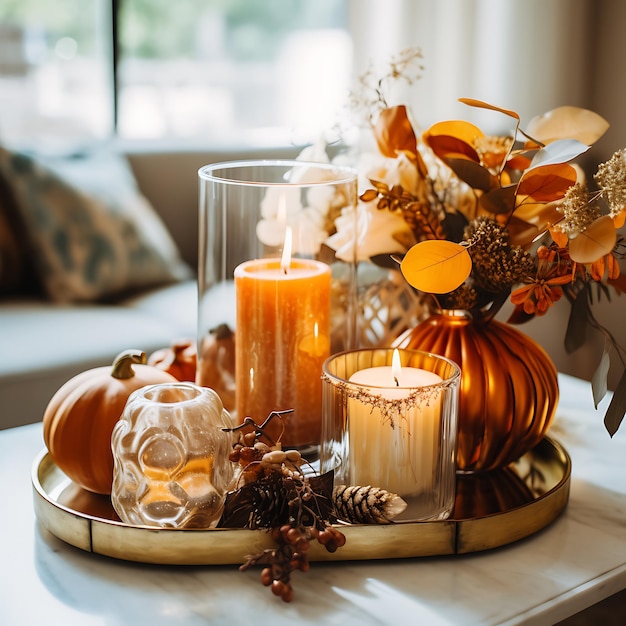 photo de décor d'automne Décor d'automne élégant avec des feuilles de citrouilles et des bougies dans un cadre moderne