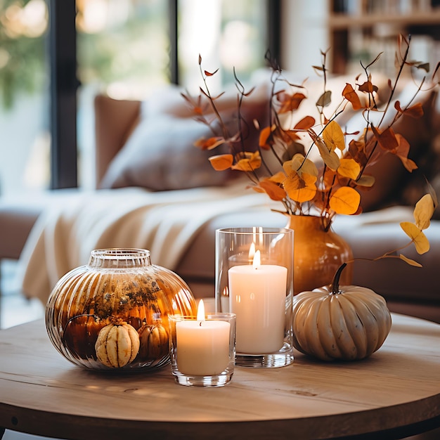 photo de décor d'automne Décor d'automne élégant avec des feuilles de citrouilles et des bougies dans un cadre moderne