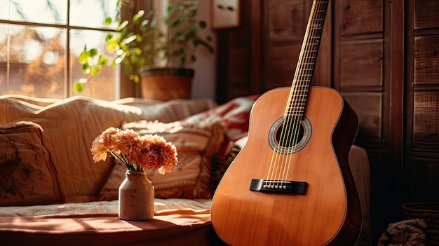 Une photo d'un décor de salon confortable de guitare en bois brun