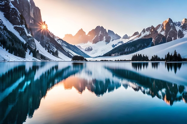 Une photo délicieuse d'un lac gelé avec des montagnes.