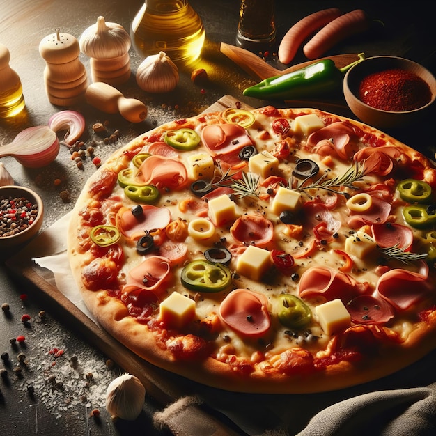 Photo d'une délicieuse pizza en gros plan avec un éclairage spectaculaire