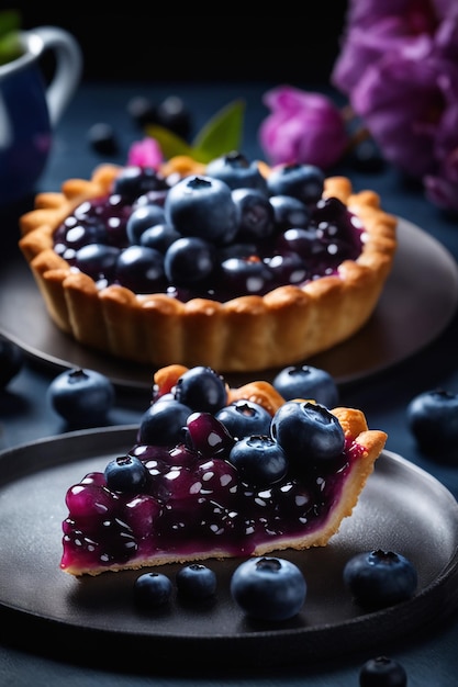 photo d'une délicieuse tarte aux bleuets avec des bleuets foncés à l'arrière-plan alimentaire frais et sain