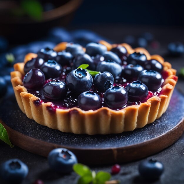 Photo photo d'une délicieuse tarte aux myrtilles avec un lghiting foncé aux myrtilles fond d'aliments frais et sains