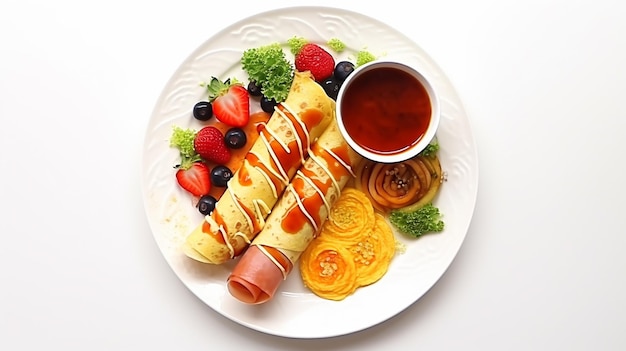 Photo de délicieuses et savoureuses crêpes avec hot-dog fruits oeufs frits vue de dessus