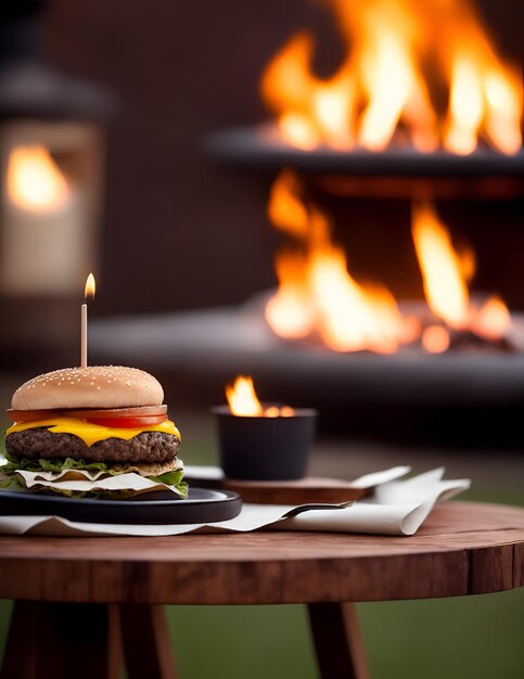 Une photo d'un délicieux hamburger sur une table en bois rustique