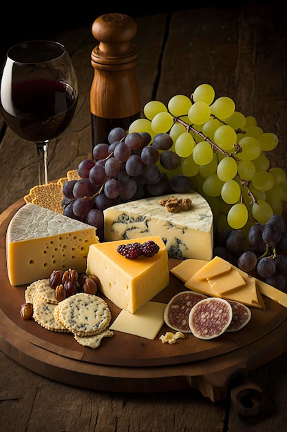 Photo d'un délicieux plateau de fromages et de raisins accompagné d'un verre de vin sur une assiette en bois