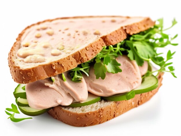 Photo photo délicieux sandwich de saucisse au foie avec moutarde au concombre et roguela isolée sur blanc