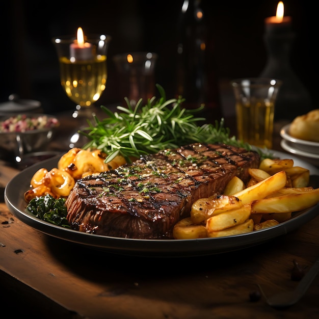 photo d'un délicieux steak moyen avec frites et légumes grillés le steak est parfait moyen et