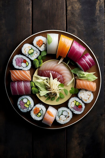 Photo de délicieux sushis sur une table en bois rustique