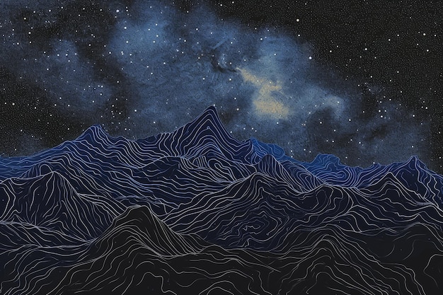 Cette photo dépeint une peinture représentant un ciel nocturne orné d'étoiles sur un fond de montagnes majestueuses Contours d'une chaîne de montagnes sous un ciel étoilé généré par l'IA