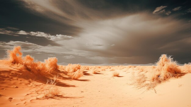 Une photo d'un désert avec un éclairage infrarouge jaunes et bruns surréalistes