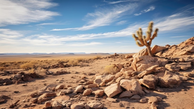 Une photo d'un désert rocheux avec un cactus solitaire ciel bleu clair