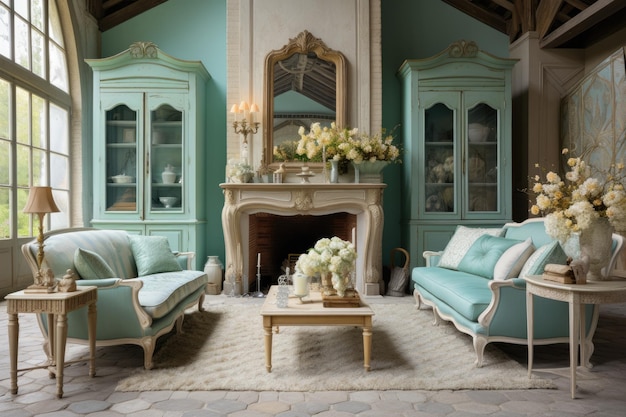 Photo de design d'intérieur de salon français avec canapé et décorations de décoration colorées