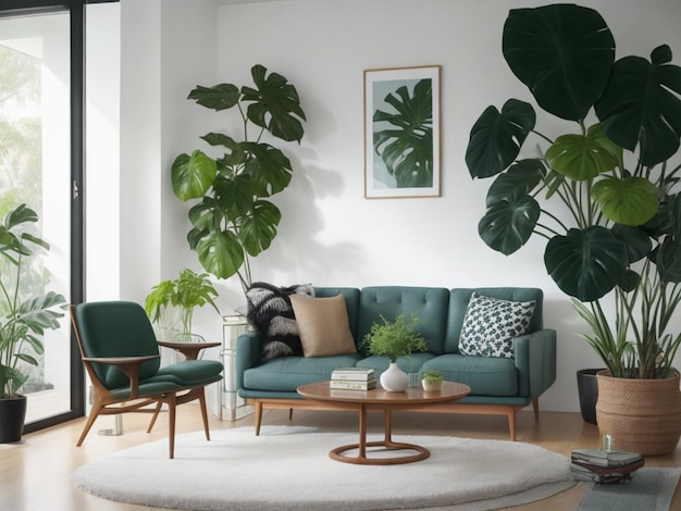 photo design d'intérieur de salon moderne du milieu du siècle avec arbre de monstera