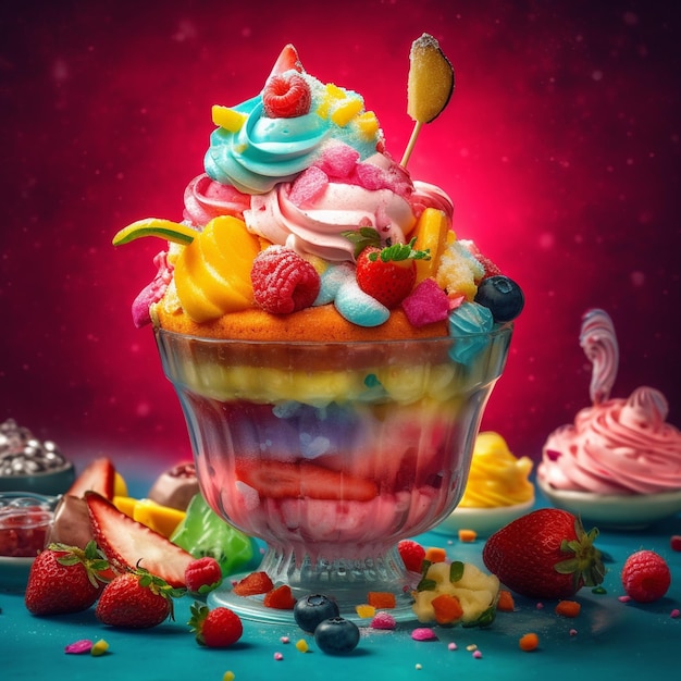 Photo d'un dessert coloré avec beaucoup de bonbons sur l'art du design ai