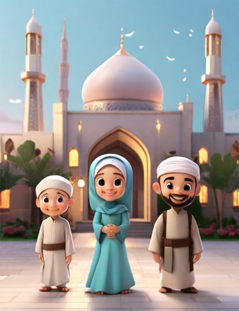 Photo de dessin animé 3D de personnes islamiques portant des vêtements musulmans accueillant joyeusement le mois sacré