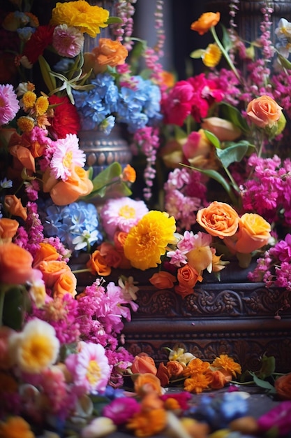 une photo détaillée des décorations florales de Ram Navami dans un temple