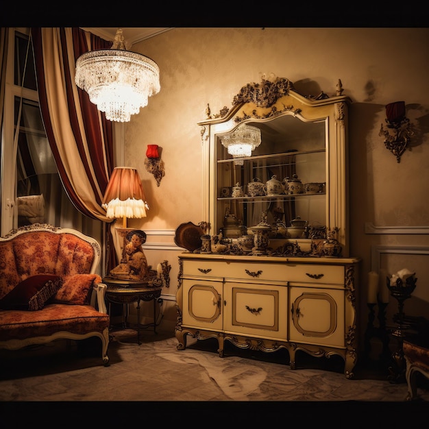 Une photo détaillée explorant les meubles dans un salon classique