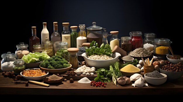 Une photo détaillée des ingrédients méticuleusement disposés dans la cuisine d'un restaurant