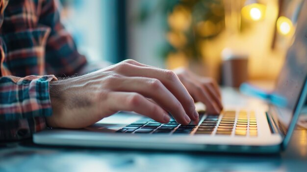 Une photo détaillée des mains d'un homme en train de taper sur un clavier d'ordinateur portable avec un fond flou