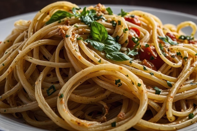 Une photo détaillée de pâtes de spaghettis cuites