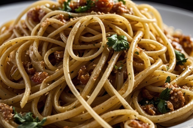 Une photo détaillée de pâtes de spaghettis cuites