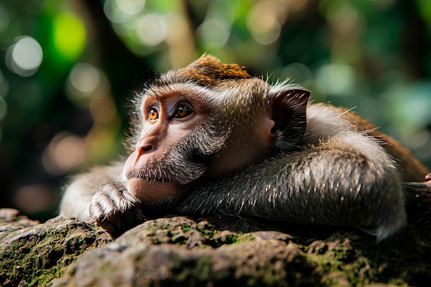 Photo une photo détaillée d'un singe détendu allongé observant attentivement son environnement