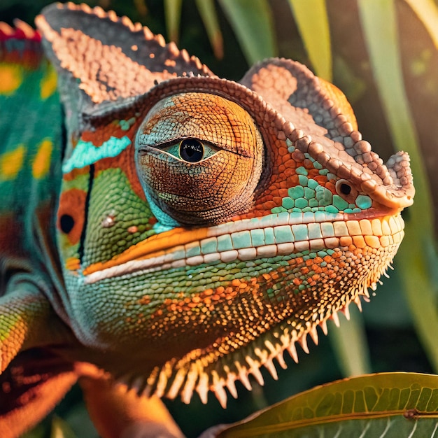 Une photo détaillée des yeux d'un caméléon