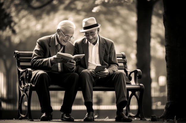 Photo de deux amis âgés assis sur un banc de parc en train de lire des livres ensemble