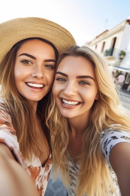 Photo de deux amis prenant un selfie pendant leurs vacances, créée avec une IA générative