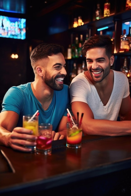 Une photo de deux amis qui traînent ensemble dans un bar avec leurs boissons.