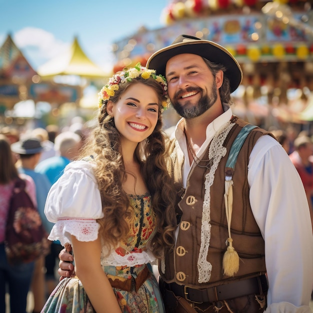 photo de deux Bavarois traditionnels en costume traditionnel bavarois lors d'une fête foraine de jour