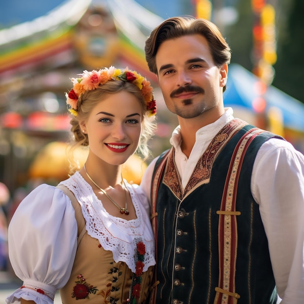 Photo photo de deux bavarois traditionnels en costume traditionnel bavarois lors d'une fête foraine de jour